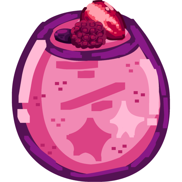 a pink liquid, with three berries on top, in an oval-shaped glass. 